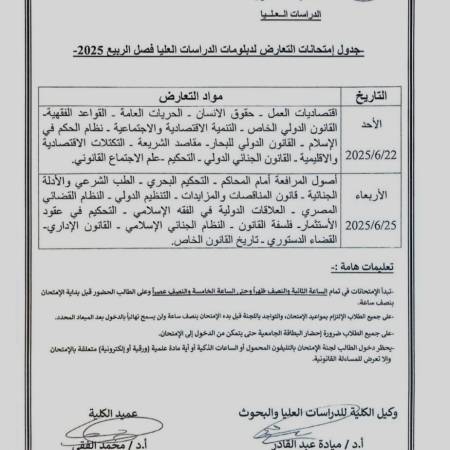 جدول إمتحانات التعارض لدبلومات الدراسات العليا فصل الربيع 2025