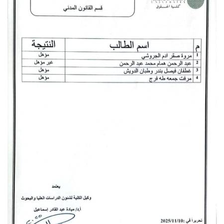 نتيجة الامتحان الشامل (التأهيلي) الدكتوراه ٢٠٢٥